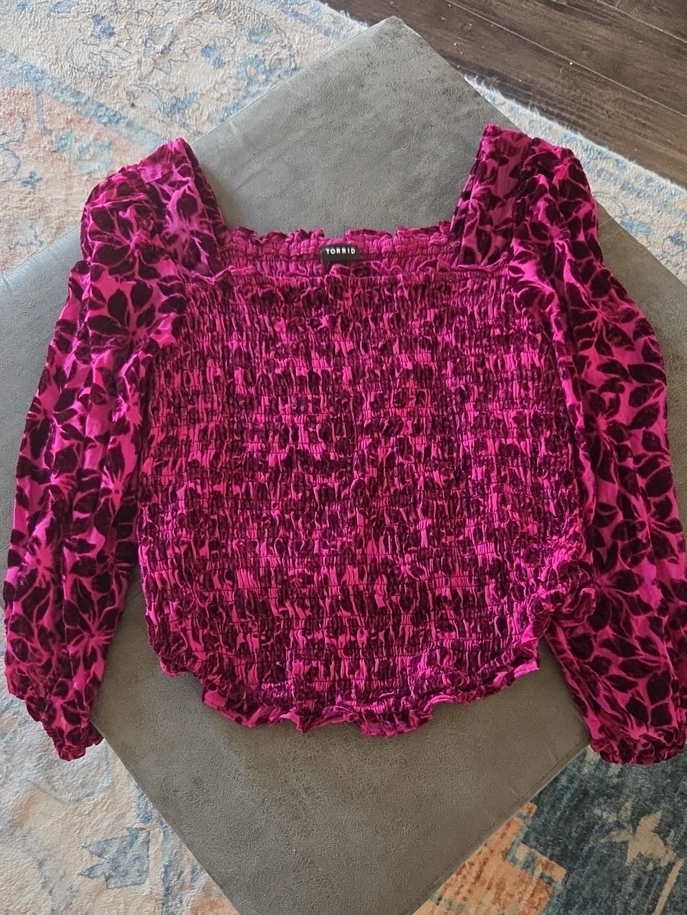 torrid Magenta Velvet Smocked Square-Neck Long Sleeve Top